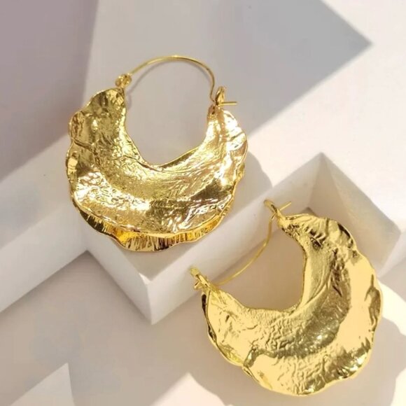 New African Fulani Basket Hoop Earrings 14K Gold Plated Textured Metal Boho - Picture 2 of 12